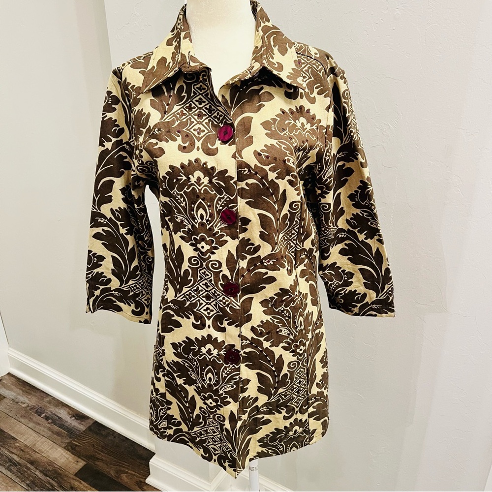 Candy Couture Women's Cotton Button Down Jacket Floral Tapestry Sequins Medium
